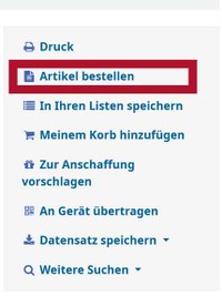 BestellungTeaser.jpg Screenshot des rechten Frames des Bibliothekskataloges, an 2. Stelle der Auswahlpunkte steht "Artikel bestellen"