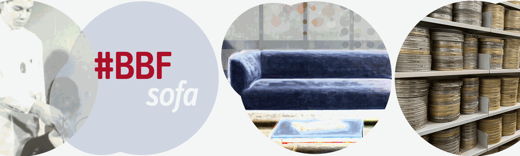 Schmuckbilder: Regale, Text #BBFsofa; blaues Sofa, Cover des Bandes "B wie Bildung"