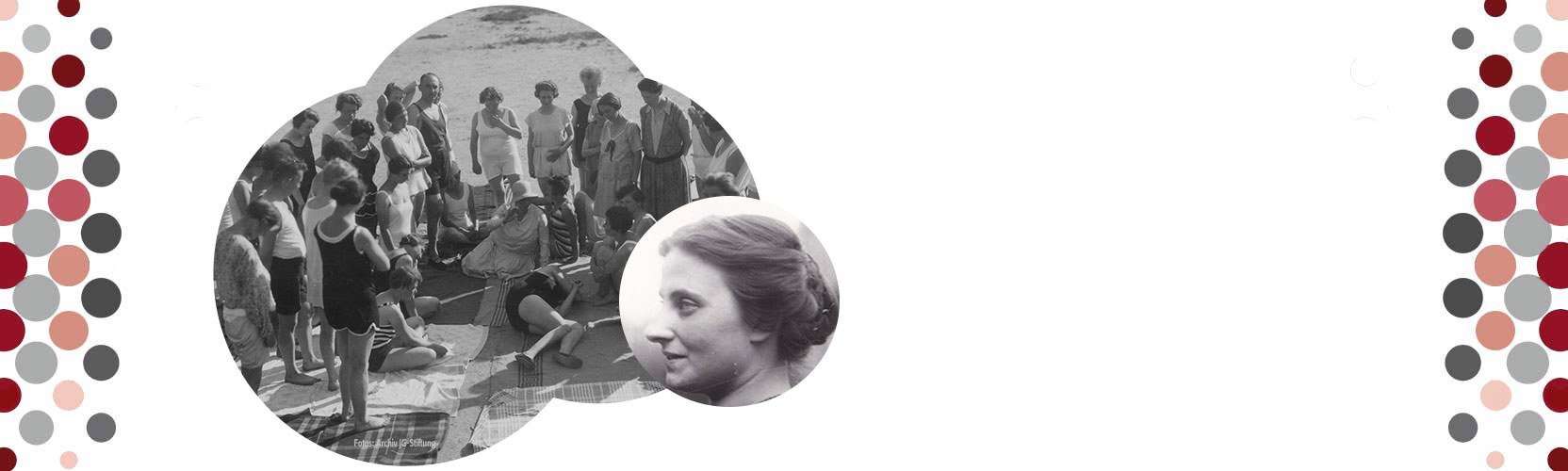 Elsa Gindler mit Gruppe am Strand bei gymnastischen Übungen, sowie Porträt Elsa Gindlers