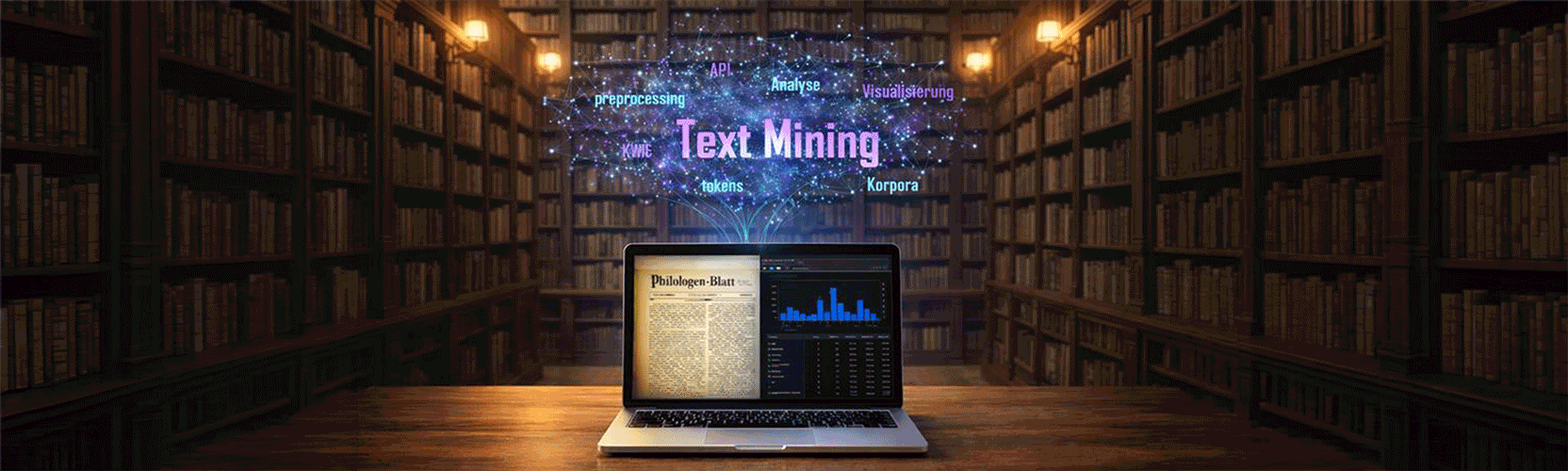 Schmuckbild: Laptop auf einem Tisch mit alten Bücherregalen im Hintergrund, Aus dem Laptop steigt eine Wolke auf den Begriffen Text Mining, ProcessingVisualisierung, API, Tokens, Korpora