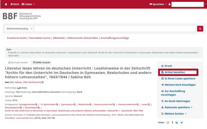 Screenshot aus dem Bibliothekskatalog von einem bestellbaren Aufsatz, im rechten Frame unter Druck, ist der Button für die Aufsatzbestellung.